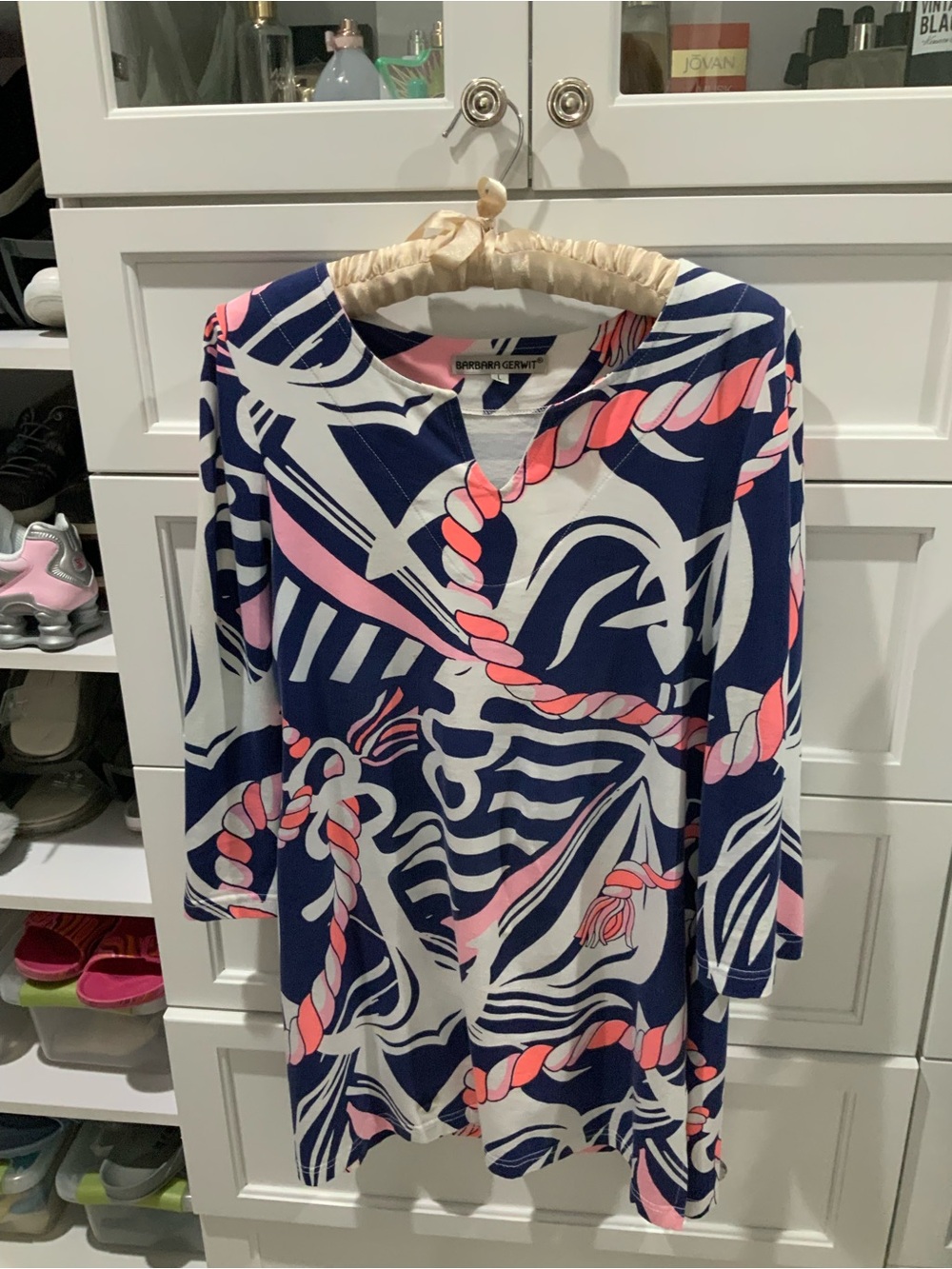 Nautical Rope Print Tunic Top - Navy, White & Pink